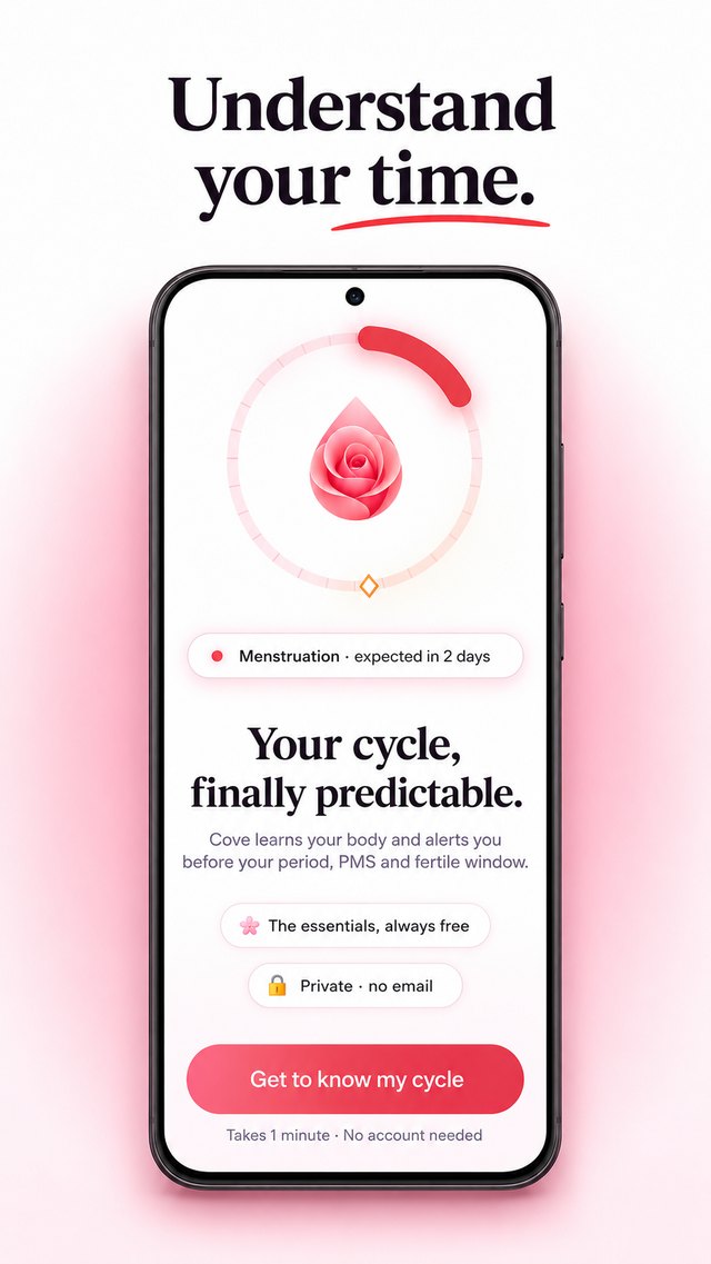 Cove onboarding screen with the cycle ring and the message 'Your cycle, finally predictable.'