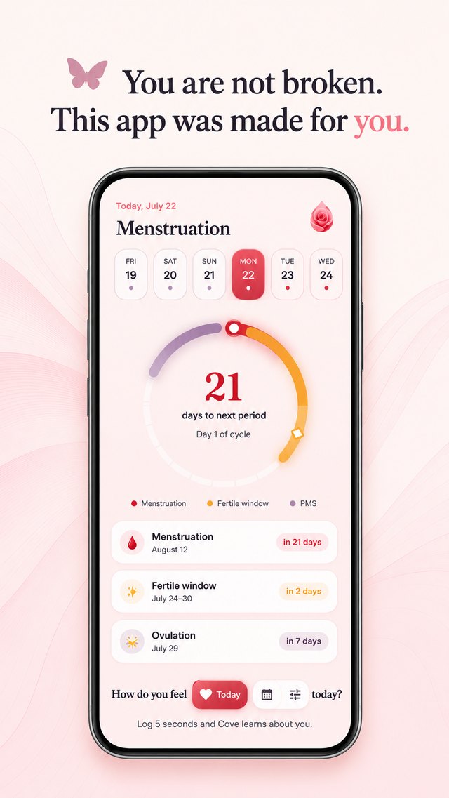 Cove home screen showing days until next period, fertile window and ovulation dates